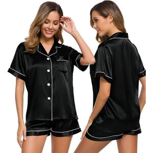 Womens Black Silk Satin  Pajamas Set Short Sleeve Button Down Sleepwear